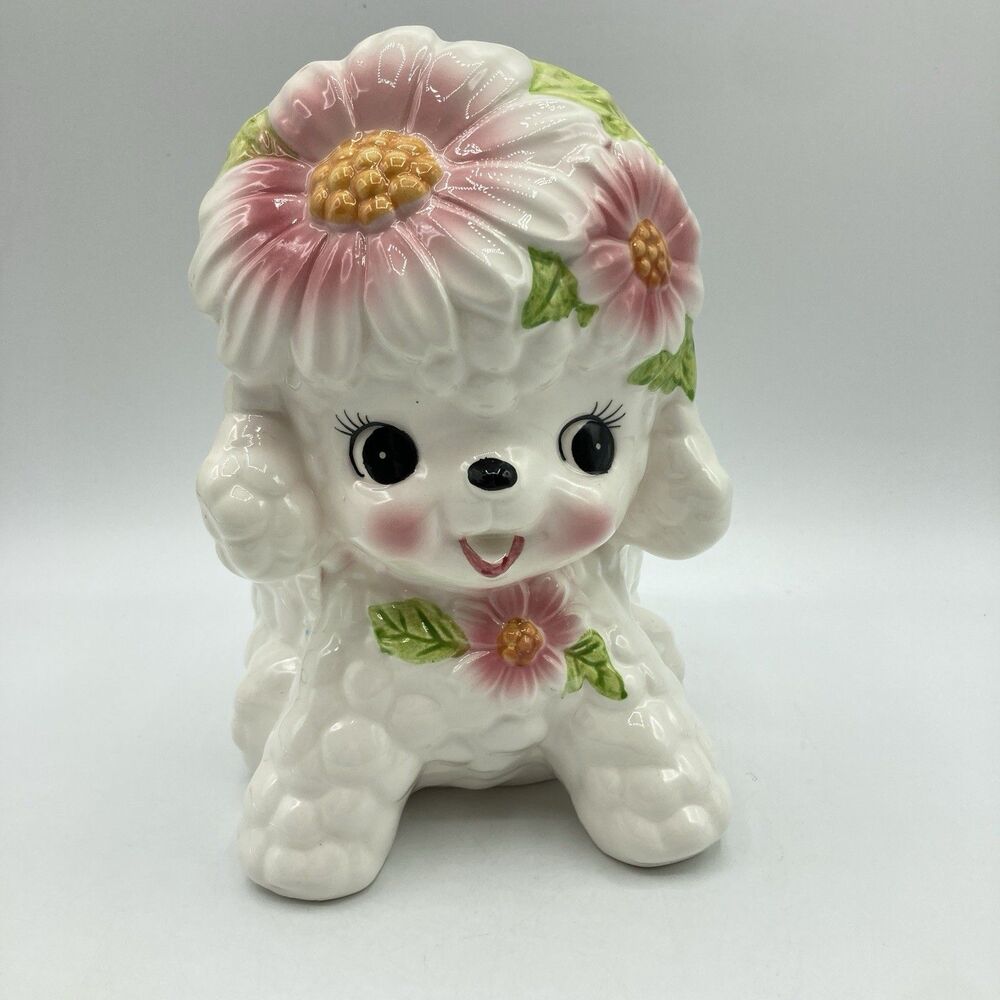 Vtg 1950s RELPO #5966 Lamb Poodle Pink Daisies Ceramic Planter Japan Decor